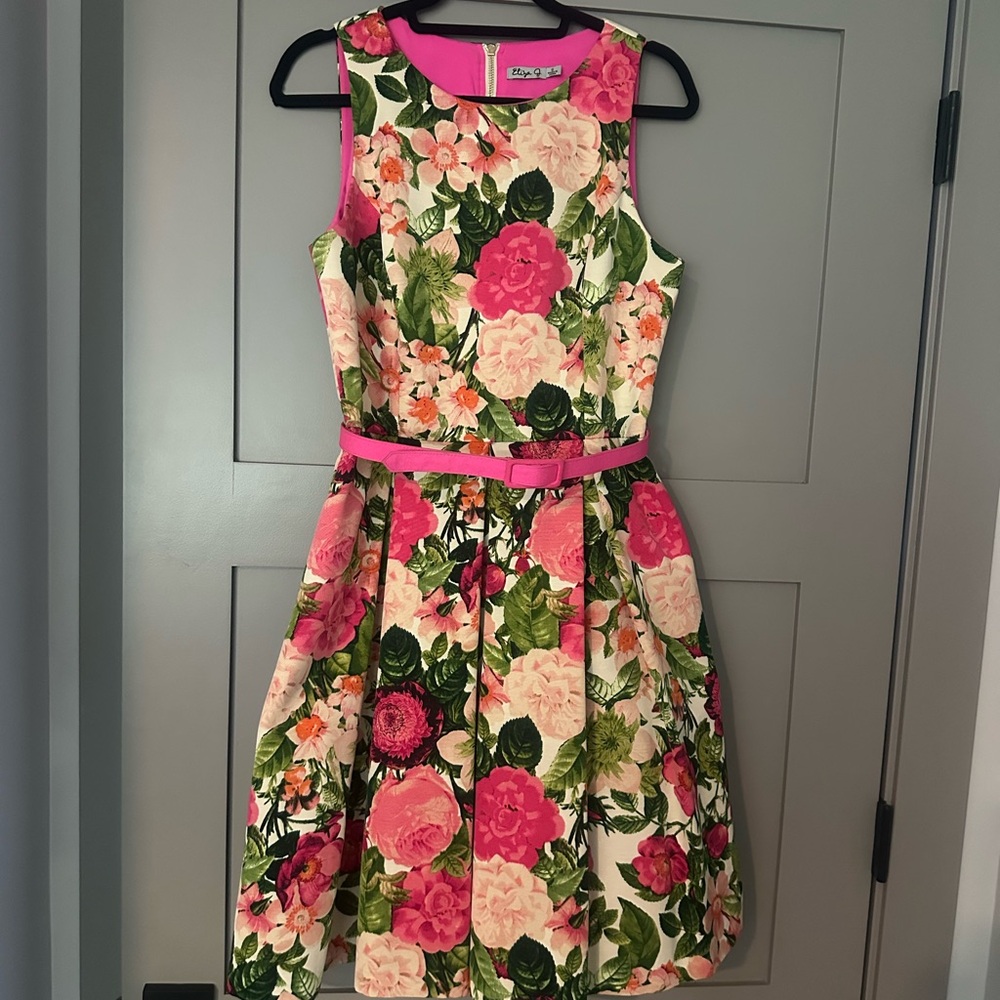 Eliza J Floral Dress with Pink and Green Accents